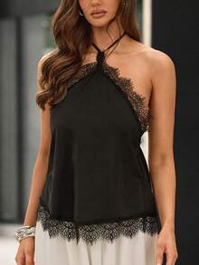 Hauture Summer Sexy Halter Neck Satin & Lace Tie-Up Backless Design Women Top - Black - View 6