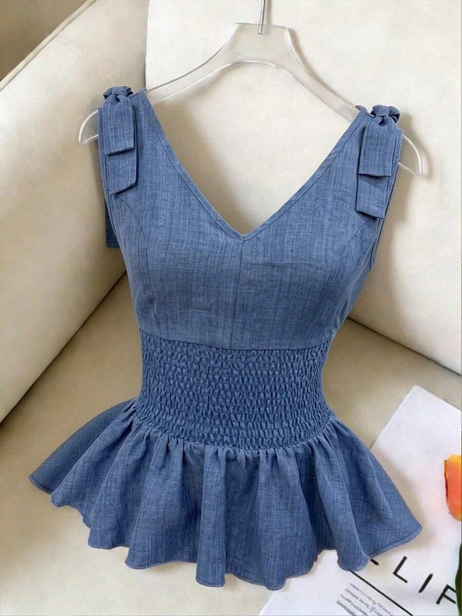 Endroma 女士时尚优雅收腰褶皱吊带背心 - 霧霾藍 - 查看 1