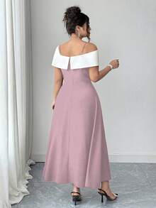 SHEIN PETITE Gaun A-Line Midi Wanita Elegan dengan Blok Warna, Tali Bahu Tipis, Bahu Terbuka, dan Pita, Musim Panas - Berwarna merah muda - View 2