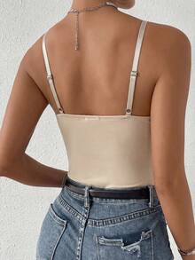 Glamine Solid Color Spaghetti Strap Fishbone Seam Sleeveless Stylish Bodysuit - Khaki - View 2