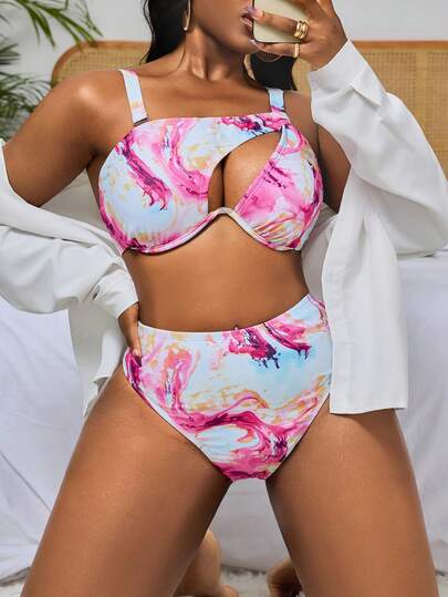 Slaydiva 2026 New Plus Size Women Summer Beach Vacation Pink & White Tie-Dye Tankini Swimsuit, Hollow-Out Underwire Push-Up Camisole Top With High-Waist Bottoms, Slimming & Tummy Control, Suitable For Beach, Hot Spring