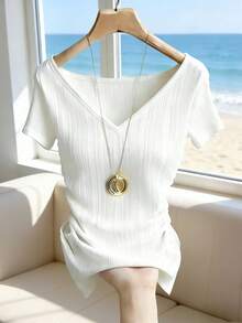 Franclia 女士休闲纹理V领收腰不对称下摆T恤 - 白色 - 查看 1