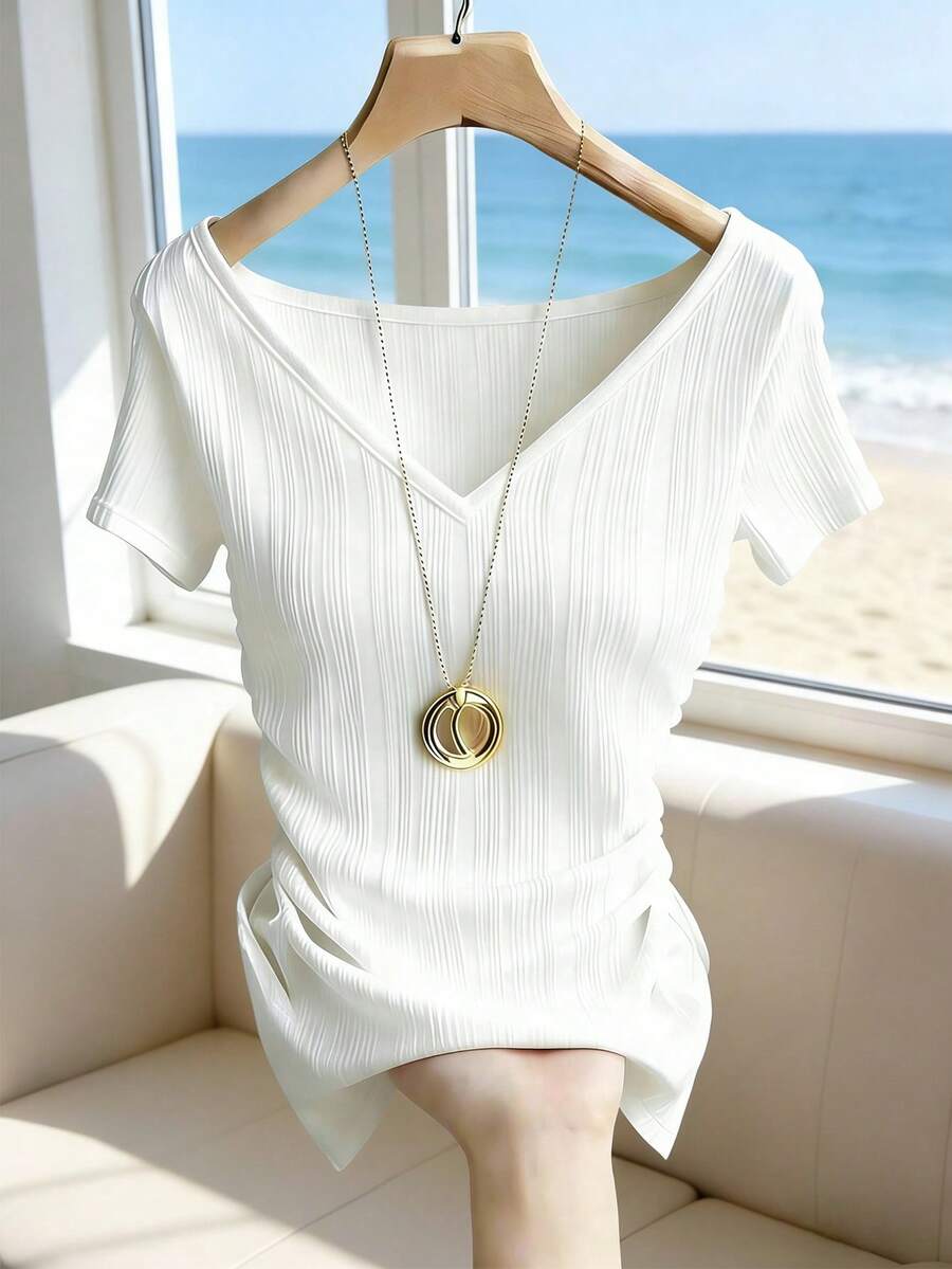 Franclia 女士休闲纹理V领收腰不对称下摆T恤 - 白色 - 查看 1