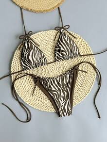 Swim Vcay 2pcs Leopard Print Bowknot Sexy Women Bikini Set, Halter Tankini Swimsuit - Multicolor - View 1