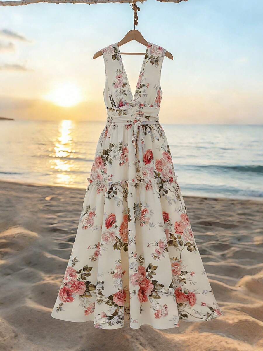 GlowEve Sleeveless V-Neck Printed Dress, Elegant Design Women's Long Dress, Summer Holiday Vacation Dress, Beach Outfit - Multicolor - View 1