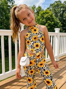 SHEIN 两件套女童针织豹纹花卉图案无袖不对称下摆上衣和喇叭裤套装 - 彩色 - 查看 4