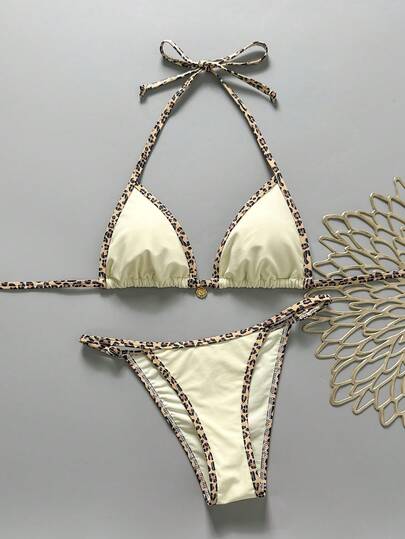 Swim Mod Women's Solid Color Random Print Trim Halter Metal Decor Bikini Set, Spring/Summer