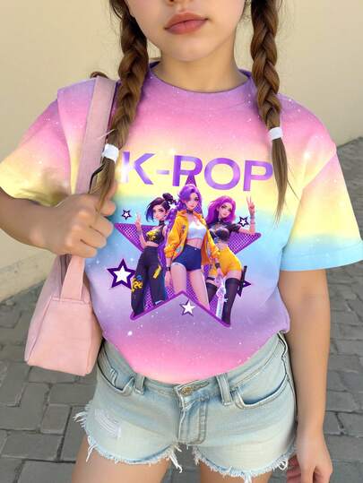 Camiseta básica corta de verano y otoño para niña, con estampado de personaje de grupo virtual de chica, gradiente de color, cuadros morados y estrellas, cómoda y fresca para usar a diario en primavera, verano y otoño