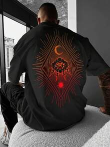 Manfinity Dauomo 男士休闲条纹眼睛印花落肩T恤，夏季 - 黑色 - 查看 5