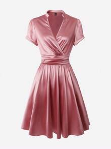 Balvessa Women's Elegant Notched Neck Ruched A-Line Dress, Flattering Waist Design, Glossy Fabric, Suitable For Commuting And Outings In Spring/Summer - Pink - View 6