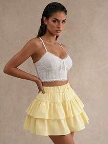 Glamine Women's Fashionable Solid Color Elastic Waist Double Ruffle Hem Skirt - Cream - View 3