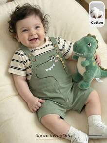 Cozy Pixies 2pcs Baby Boy Striped Pattern Knit Soft Round Neck Short Sleeve Pullover Top And Bib Shorts Set Dinosaur Clothes Baby Baby Boy Summer Overall Outfits Baby Boy Overalls Baby Boy Green Clothes Baby Clothes Outfit Set Baby Romper Cotton Baby Clothes - Multicolor - View 7