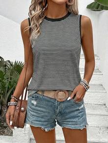 Selamara Áo tank top nữ cổ tròn không tay, phối màu tương phản, in họa tiết sọc - Nhiều màu - Xem 6