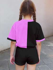 紫色与深黑色撞色，韩式卡通女孩印花，少女休闲短袖T恤短裤两件套，适合夏季穿着 - 彩色 - 查看 2