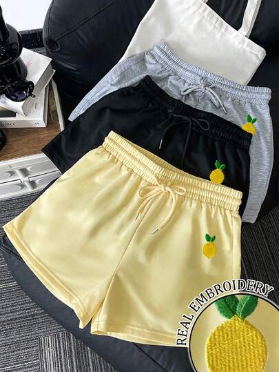 Resyla Shorts casuales de verano para mujer con bordado de limón