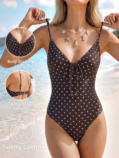 Sylviya Women's One-Piece Ruched Spaghetti Strap Backless Polka Dot Swimsuit, Vacation Beach,Brown Polka Dot Pattern,Beach Outfit For Women,Holiday Outfits For Women