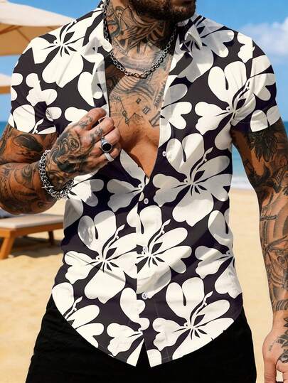 Manfinity RSRT 男士全印花单排扣休闲百搭日常短袖衬衫