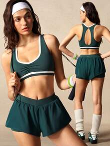 VARSIVA Women's Contrast Color Pleated Sports Bra And Double-Layer Shorts Set - Green - View 13