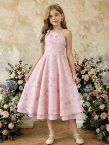 SHEIN 少女夏季碎花不对称肩连衣裙 - 粉色 - 查看 5