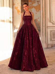 Aureia 优雅浪漫的酒红色提花面料露背连衣裙，优雅派对礼服，婚礼宾客礼服，酒红色正式晚礼服，时尚正式礼服，伴娘礼服，正式晚宴礼服 - 酒紅色 - 查看 6