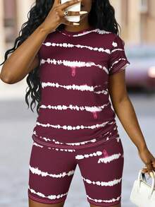 SHEIN LUNE 2pcs/Set Striped Round Neck T-Shirt And Cycling Shorts - Burgundy - View 1