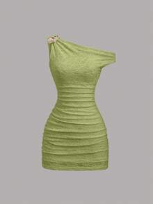 Sweetra Y2K Sexy Asymmetrical Shoulder Textured Fabric Pleated Vacation Dress - Green - View 4