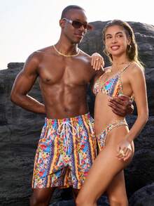 Manfinity VDAYZ Men's All-Over Print Drawstring Waist Casual Beach Shorts,Yellow Summer Boho Holiday Matching Bathing Suits For Men & Women Couple Swimwear Set - Multicolor - View 3