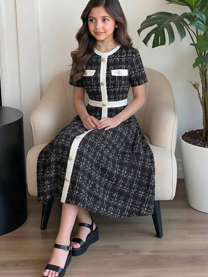 SHEIN 少女格子印花白色撞色滚边金属扣装饰优雅短袖A字连衣裙
