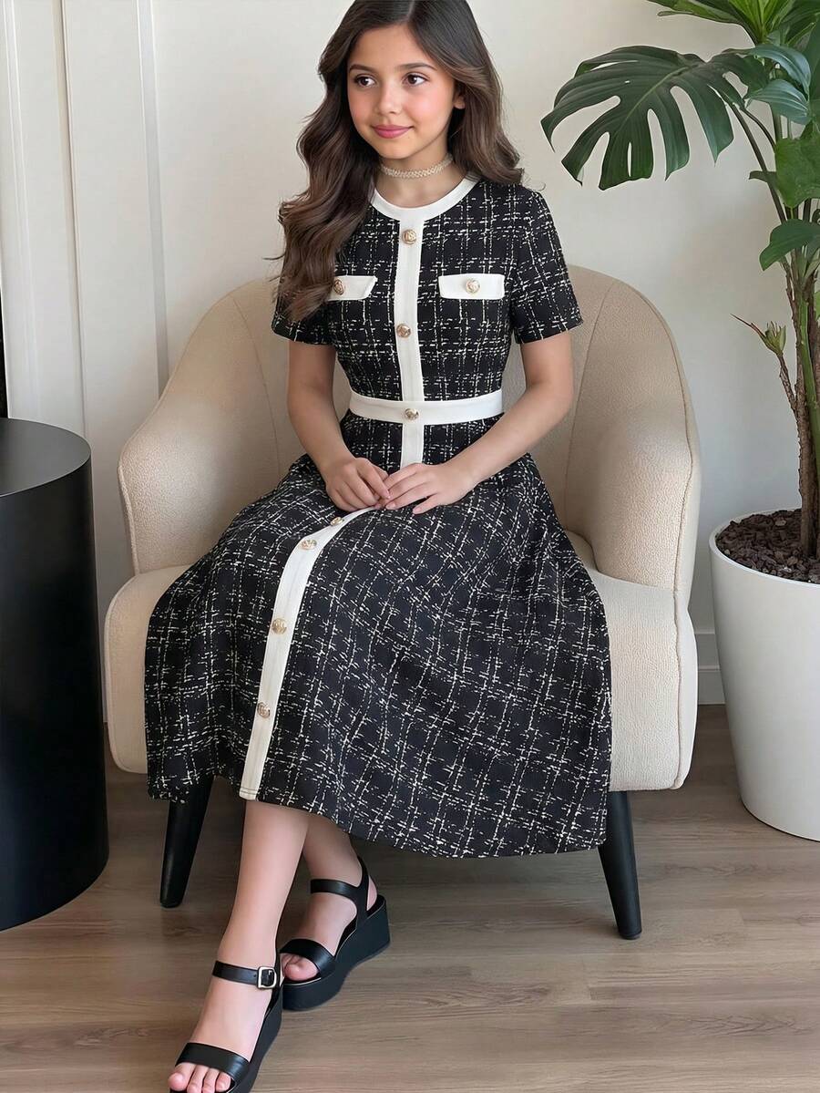 SHEIN Teenager Mädchen Kleid mit Karomuster, weißem Kontrastbesatz, Metallschnallen-Dekor, elegantem Kurzarm A-Linie, Herbstkleid, kariertes Midi, schwarzer Tweed - Schwarz - Übersicht 1