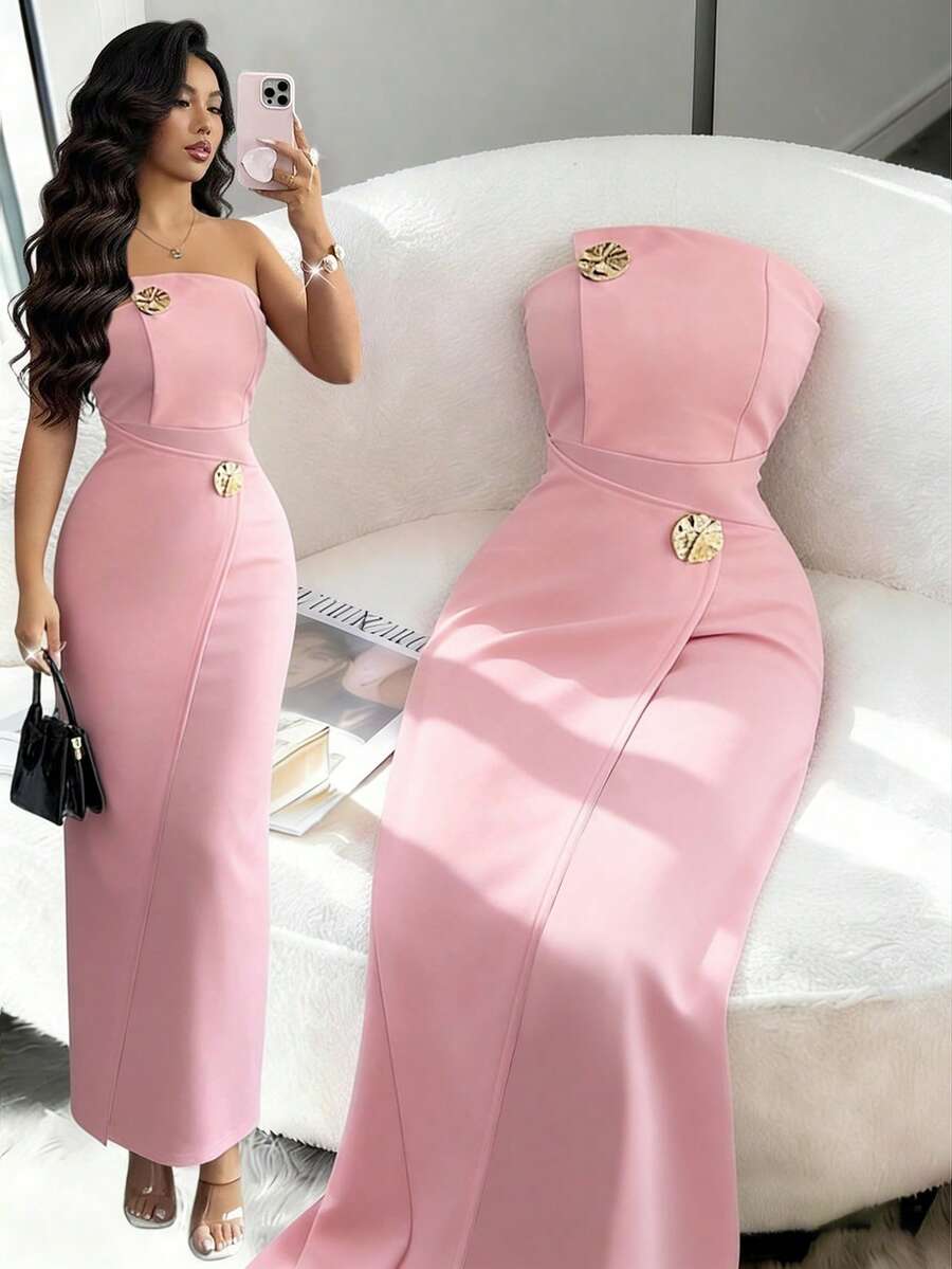 SHEIN Raffinéa 女士新款金属装饰纽扣斜领拼接开衩下摆修身连衣裙 - 粉色 - 查看 1