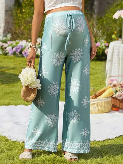 SHEIN 可调节腰围印花休闲宽松孕妇裤，日常百搭