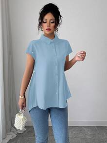 Elenzga 2025新款女士不对称下摆披肩衬衫 - 藍色 - 查看 6