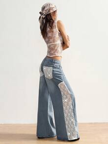 Bohemela Women's Casual Boho Solid Color Denim Contrast Lace Wide Leg Pants Vacation White And Blue Autumn - Blue - View 3