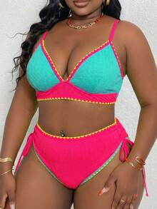 Slaydiva Women's V-Neck Ruffled Drawstring Waist Beach Resort Plus Size Swimwear Set, Spring/Summer - Multicolor - View 3