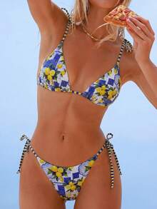 Swim Mod 女士沙滩夏季音乐节蝴蝶结条纹柠檬印花可爱假日比基尼套装 - 彩色 - 查看 1