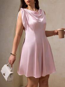 Elegantrix 大码女式春夏法式休闲蝴蝶结领抽绳腰A字短款亮面面料连衣裙 - 粉色 - 查看 7