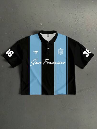 StoneGrade Nuova maglia da football americana in stile preppy, con contrasto di colore blu e nero, polo crop stampata e allentata, outfit casual alla moda per appuntamenti e raduni, regalo ideale per il fidanzato