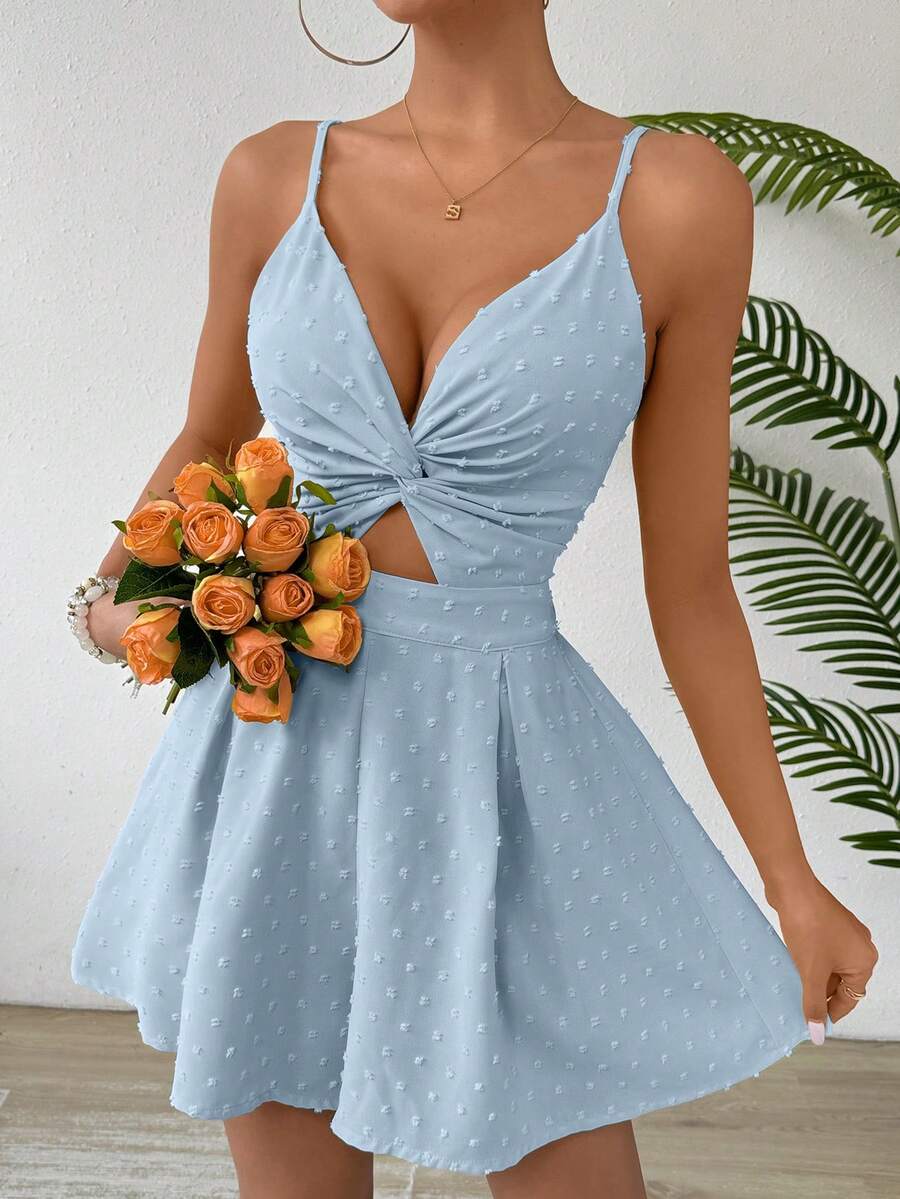 Glamine 度假休闲纯色扭结镂空系带露背吊带连体衣 - 藍色 - 查看 1