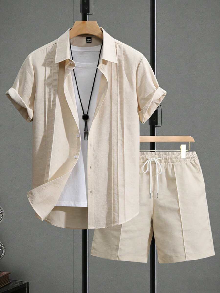 Manfinity RSRT 男士成熟休闲度假高端设计折扣休闲短袖衬衫和短裤套装 - 杏色 - 查看 1