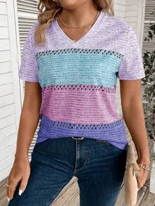 EMERY ROSE Áo thun nữ cỡ lớn cổ chữ V tay ngắn phối màu tương phản, in họa tiết. - Nhiều màu - Xem 5