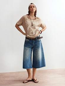 Bohemela 女士休闲纯色针织圆领宽松短袖T恤 - 卡其色 - 查看 7