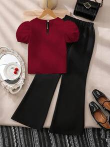 SHEIN 2pcs/Set Young Girl' Burgundy Shirt Top, Contrast Tie-Dye, Black Casual Pants, Leisure Outfit - Burgundy - View 2