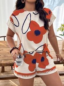 SHEIN VCAY Plus Size Women's Casual Floral Print Loose Shorts Set, Spring/Summer - Multicolor - View 3
