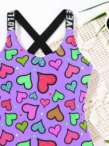 SHEIN 女童泳衣 小女孩连体泳衣 小女孩连体泳衣 可爱紫色爱心印花针织面料吊带连体泳衣 交叉吊带连体无袖三角裤 时尚休闲精致女士适合游泳 适合夏季度假海滩游泳池夏季派对休闲度假 女童连体泳衣 泳装 10岁青少年荧光泳衣 青少年豹纹泳衣 儿童长款泳衣 连体儿童沙滩装 儿童连体坦克泳衣 儿童泳装 - 紫色 - 查看 4