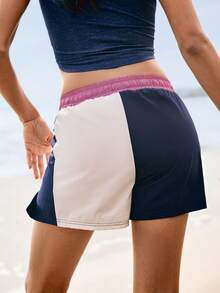 SHEIN Women's Low-Stretch Color Block Shorts - Navy Blue - View 4