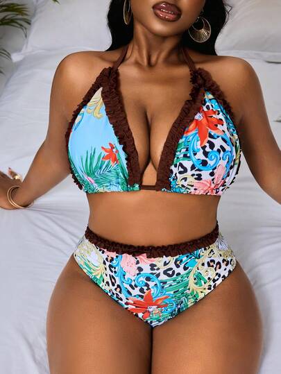 Slaydiva 2026 New Spring/Summer Plus Size Women Retro Pattern Solid Color Trim Matching Triangle Bikini Set, Sexy Beach Swimwear