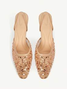 CUCCOO CHICEST Women's Embroidered Mesh Beaded Square Toe Mid-Heel Slip-On Pumps, Elegant Party Wear Stilettos - Apricot - View 1