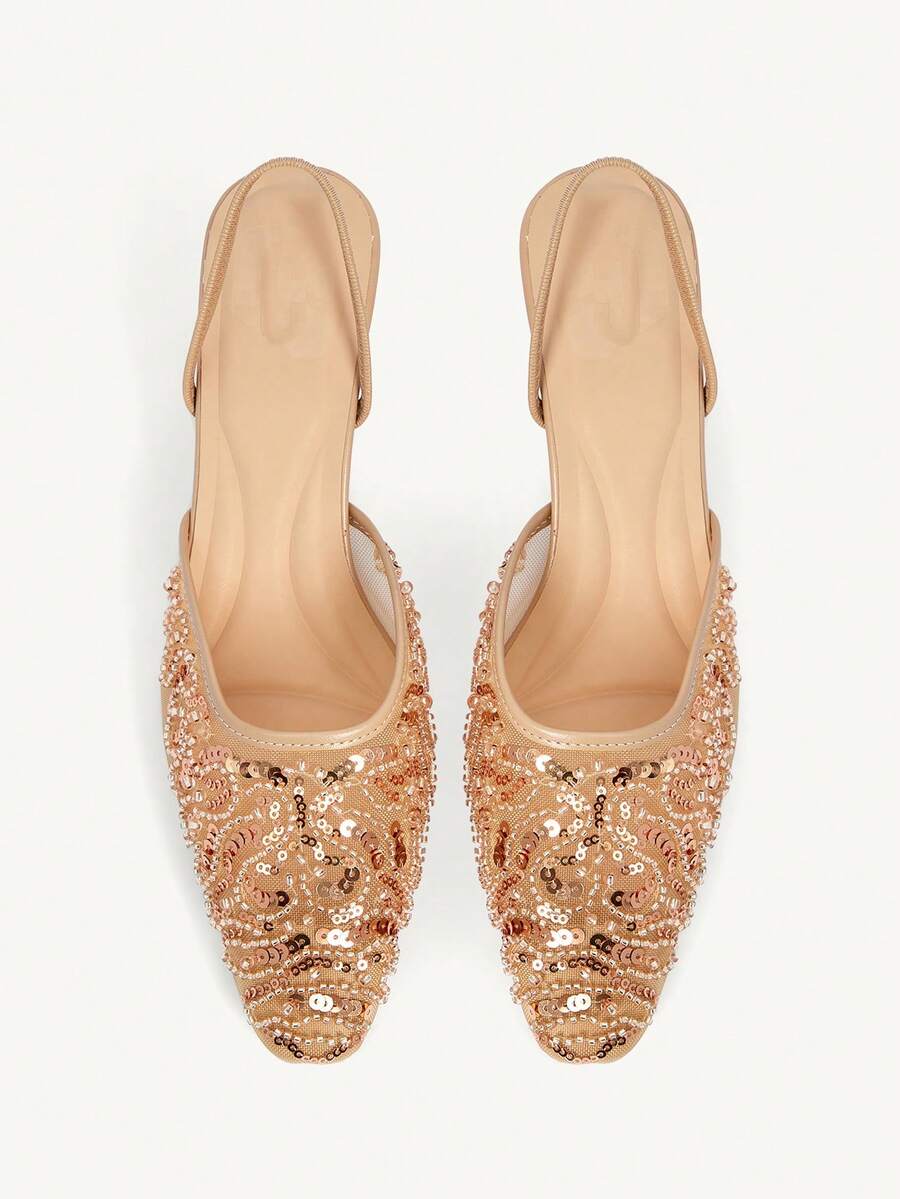 CUCCOO CHICEST Women's Embroidered Mesh Beaded Square Toe Mid-Heel Slip-On Pumps, Elegant Party Wear Stilettos - Apricot - View 1