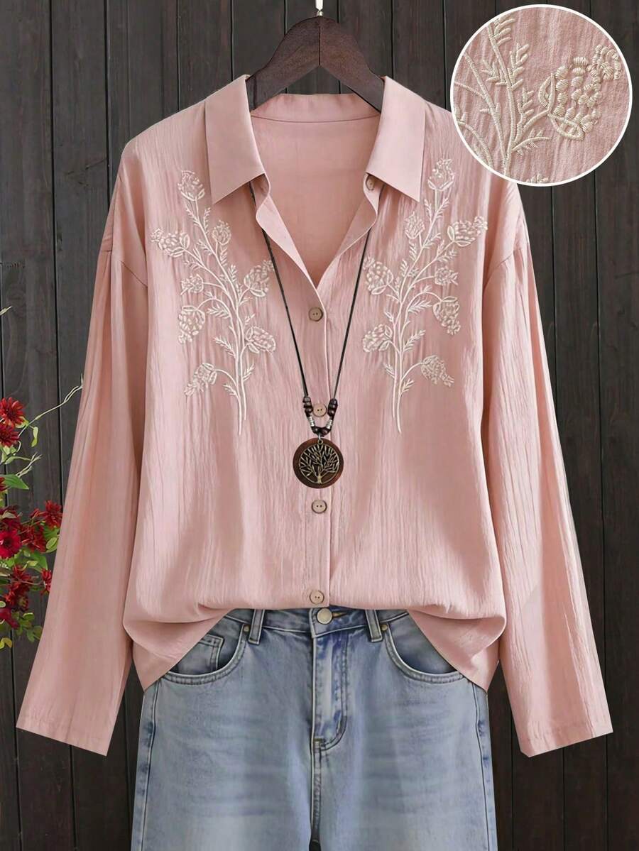 Linhara Plus Size Women's Embroidered Design Shirt, Elegant Office Lady Casual Loose Blouse - Pink - View 1