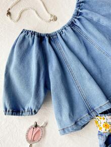 SHEIN Girls (Small) 3 PiecesCasual Denim Set, New Fashionable Minimalist Design, Blue Washed Denim - Blue - View 3